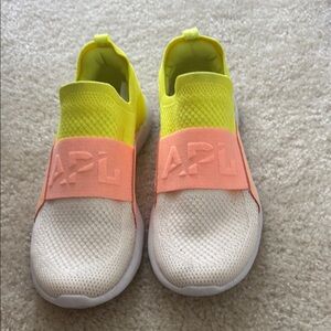 APL TechLoom Bliss Knit Running Shoe, Yellow and Pink Slip-On